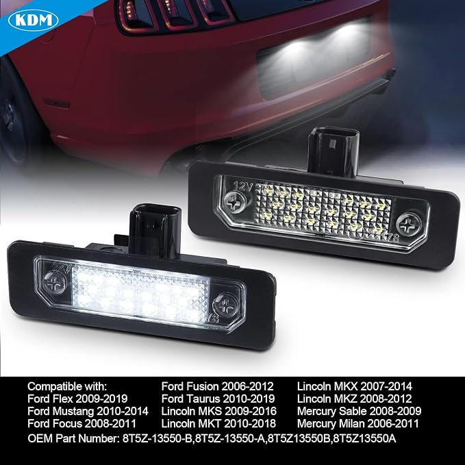 KDM LED License Number Plate Light Assembly Fit for Ford Mustang 2010-2014,Fusion 2006-2012,Taurus 2010-2019,Flex Focus Lincoln Mercury Rear Bumper Tag Lamp Replacement 6000K Bright White,2Pack