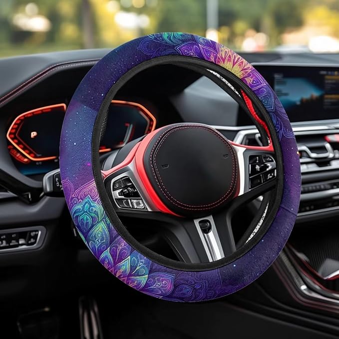 AFPANQZ Automotive Steering Wheel Covers Universal Fit 14 to 15 inch, Purple Bohemian Flower Steering Wheel Protector with Cloth for Women Keep Warm Comfort Grip Sweat Absorption Neoprene