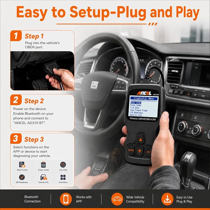 ANCEL AD310 BT OBD2 Scanner with Bluetooth Upgraded AD310, Car Code Reader with Battery Voltage Monitor, Live Data, I/M Readiness, DTC Lookup Check Engine Code Reader for 1996+ Vehicles