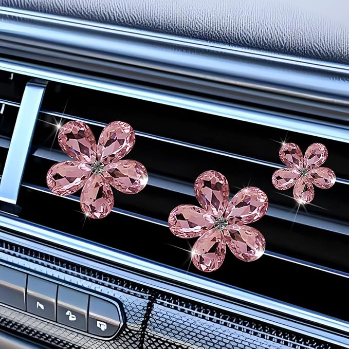 5PCS Bling Flower Car Air Vent Clips, Crystal Rhinestone Vehicle Air Conditioning Outlet Clip, Diamond Automotive Interior Decoration Charm, Universal for Automobile RV Truck (Pink)