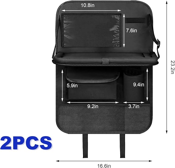 2PCS Car Backseat Organizer with Foldable Table Tray, 5 Storage Pockets Auto Seat Back Protector w/Tablet Holder, Back Seat Cover Storage Organizer Kick Mats for Most Cars