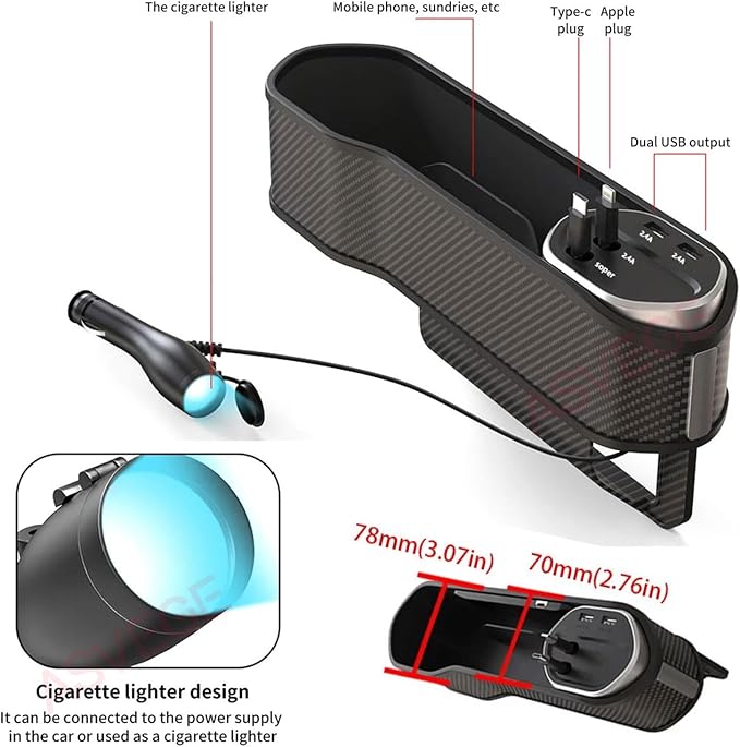 Car Seat Gap Filler Organizer with Wireless Charger,Cigarette Lighter | ASVEGE 5 In 1 Quick Charge Storage Box with 2 USB Ports & 2 60W Retractable Charging Cable,Cup Holder for Sedans Suv Truck