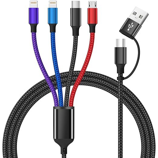 4 in 2 Multi Charging Cable, Dual IP Charging Cord with Type-C & Micro | USB A/C Input Multi Charging Cable with IP/IP, Type-C & Micro Ports, Nylon Braided Phone Charger for Travel & Car