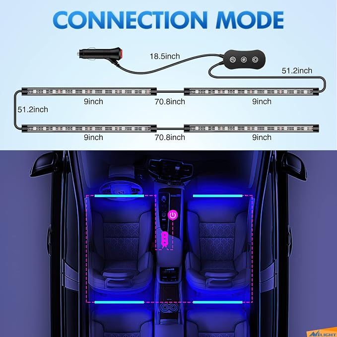 Nilight RGB LED Car Interior Stripe Light with APP Control Multicolor Music Sync Mode Waterproof Car Under-Glow Lighting Lamp Kits Universal Cars Truck ATV UTV