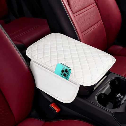 Car Middle Center Console Cover with 2 Storage, Universal Microfiber Leather Car Armrest Cover Cushion for for Most Vehicles, Memory Foam Comfort Stylish Leather Scratch-Resistant, Thickened（White)