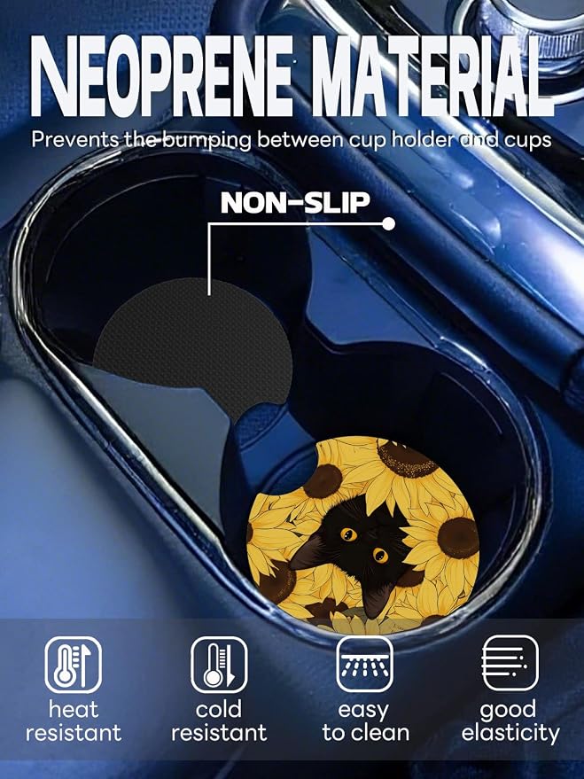 WOCOCN Car Coasters,Cup Holder Coasters for Car,2.75inch Anti Slip and Absorbent,Cute Automotive Interior Accessories for Cup Holder,Pack of 2 (Black Cat)