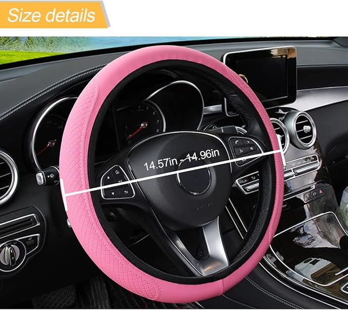 Leather Car Steering Wheel Cover, Anti-Slip Breathable Microfiber Leather Steering Wheel Protector for Women Men, Universal 15'' Elastic Soft Odorless, Car Accessories for Car, Truck, SUV (Pink)