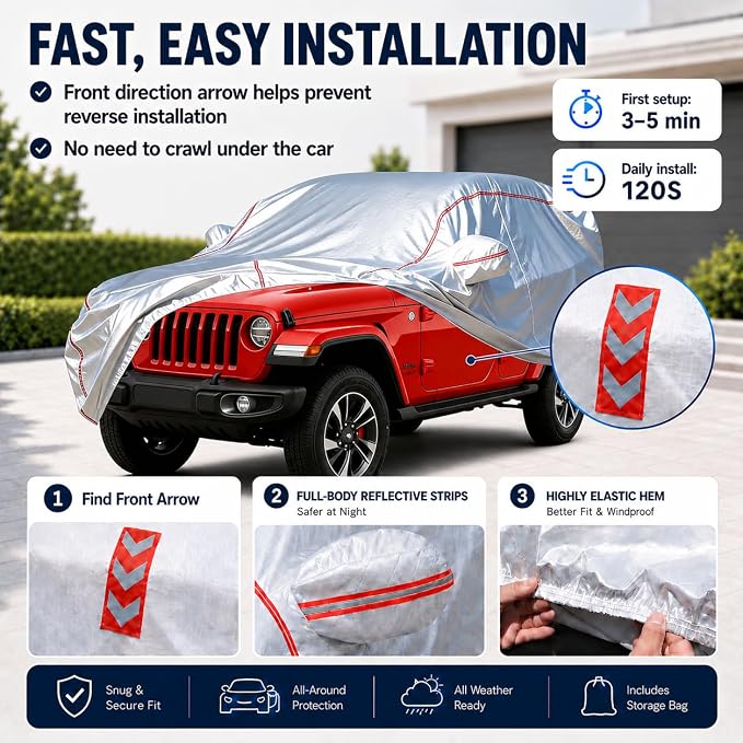 Waterproof All Weather Heavy Duty Vehicle Cover, 360° Underbody Wrap Windproof Design, Quick Install Outdoor Cover,（for Jeep Wrangler 4-Door 2006-2025）