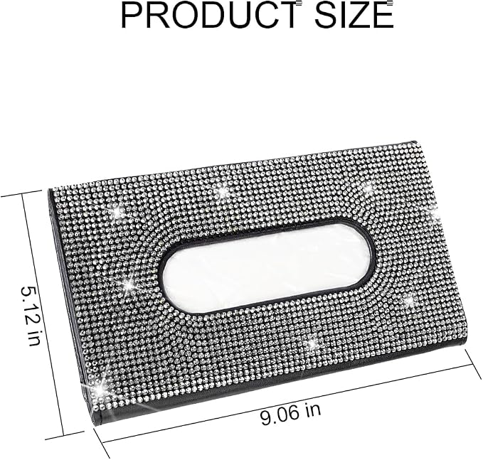 Bling Car Tissue Holder for Sun Visor, Crystal Rhinestone Leather Vehicle Paper Towel Case, Glitter Diamond Auto Napkin Clip Accessories for Women, Universal for SUV, RV, Truck (White/Black)