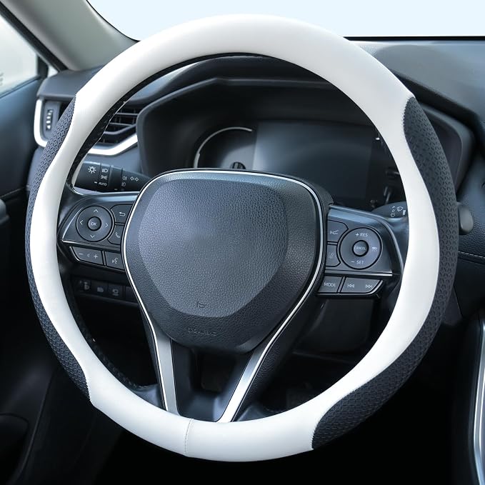 Uxcer Nappa Leather Steering Wheel Cover, Universal 14.5–15 Inch Non-Slip Breathable Steering Wheel Cover for Cars, White