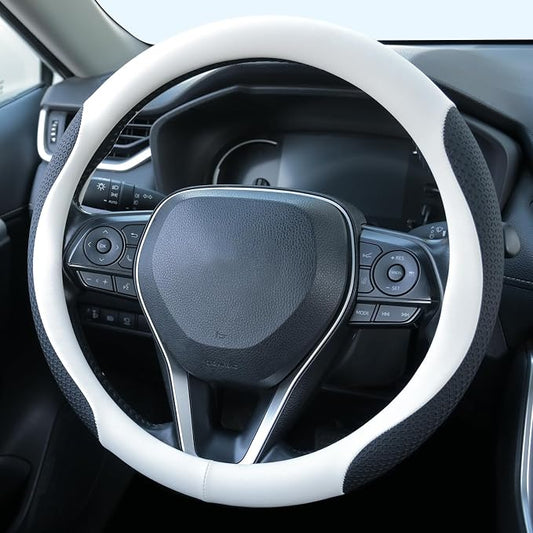 Uxcer Nappa Leather Steering Wheel Cover, Universal 14.5–15 Inch Non-Slip Breathable Steering Wheel Cover for Cars, White