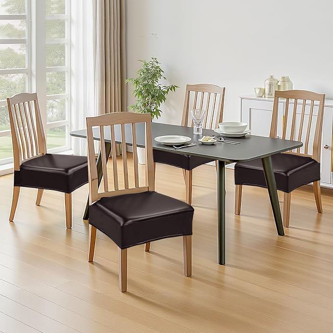Waterproof Dining Chair Seat Covers Leather Kitchen Seat Covers, Stain Resistant Stretch Chair Seat Covers for Dining Room Chairs Set of 4, Rear Covered Washable Dining Chair Cover Dark Coffee