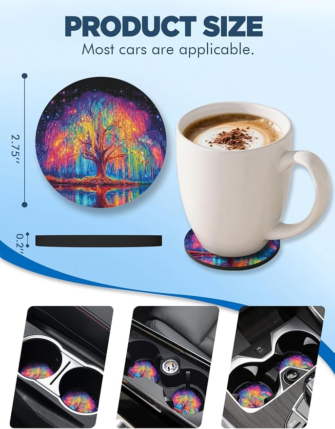 WOCOCN Car Coasters for Cup Holders - 2 Pack 2.75" Universal Rubber Car Cup Coaster, Non-Slip Waterproof Car Interior Accessories, Cute Car Decor Gifts for Women and Men (Colorful Tree)