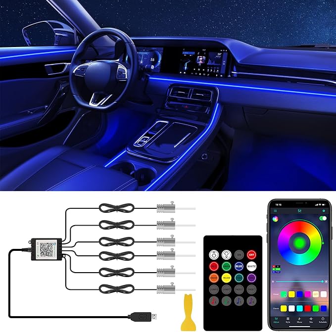 Interior Car Lights with APP/Remote Control RGB 6 in 1 Ambient Lighting Kit | 16 Million Color & 29 Preset Modes, USB Powered, With 315 Inches Fiber Optic, Music Mode Inside Car Lighting Accessories