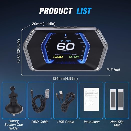 P17 Car HUD OBD & GPS Dual Mode Fuction Speedometer,Display Projects Real time Driving Data Like Speed, RPM, Fuel Consumption, Voltage, Water Temperature,12 Languages Adjustable,for All Vehicle