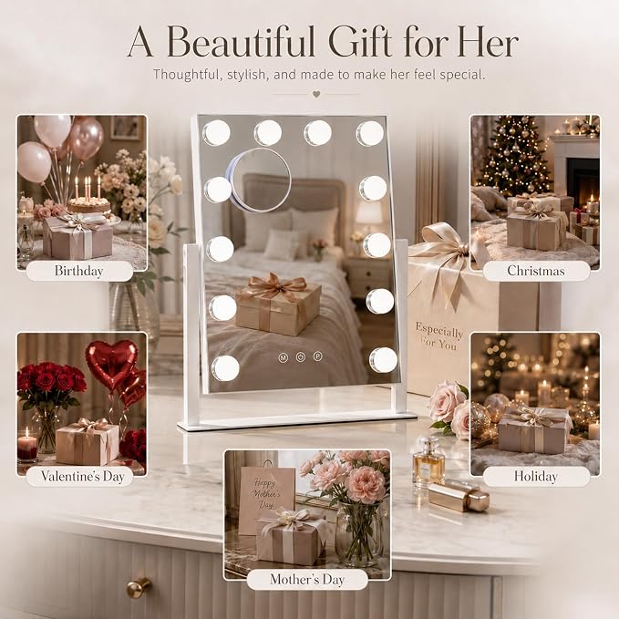 Vanity Mirror with Lights, Dimmable Desk Mirror, 12 Bulbs, 10X Magnifier | 16.4" H x 13.1" W makeup mirror, 3 colors, touch control, detachable 10X magnifier, 360 rotation, Gifts for Wife, Mom, Girls