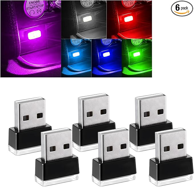 Augeny 6 PCS USB LED Car Interior Atmosphere Lamp, Plug-in USB Decor Night Light, Portable Auto Ambient Lighting Kit, Universal Vehicle Interior Accessories for Most Cars (6 Colors)