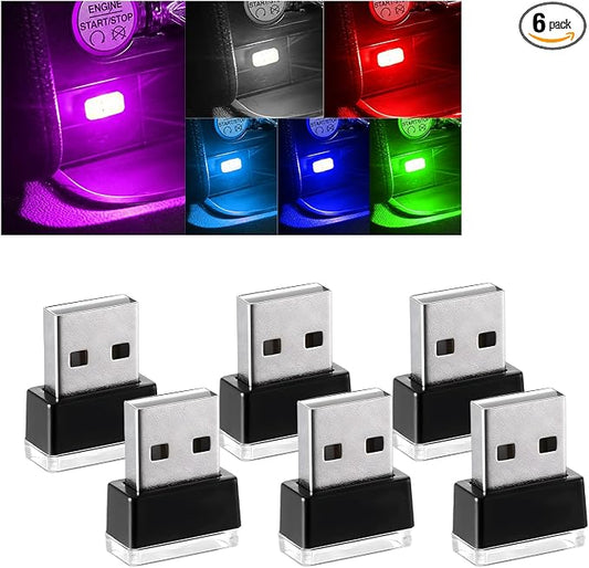 Augeny 6 PCS USB LED Car Interior Atmosphere Lamp, Plug-in USB Decor Night Light, Portable Auto Ambient Lighting Kit, Universal Vehicle Interior Accessories for Most Cars (6 Colors)