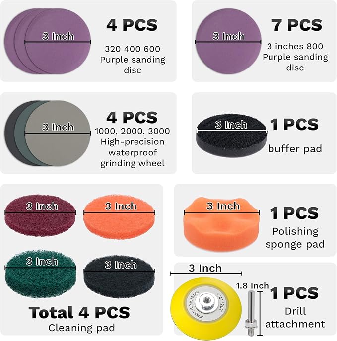 BFXM 38Pcs Car Headlight Restoration Kit, 3 Inch Headlight Polishing Kit, Headlight Cleaning Kit with Sanding Disc Scouring Pad Polishing Pad Suitable for Drill Universal for All Type of Car Headlight