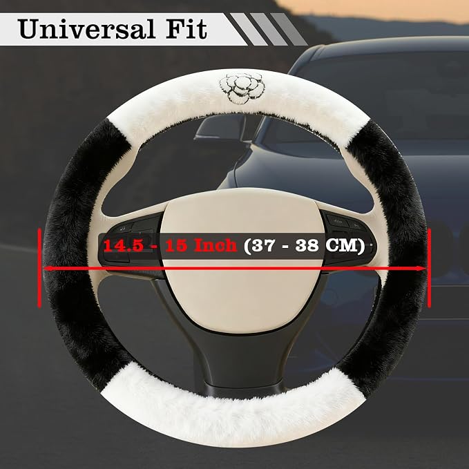 Camellia Flower Plush Steering Wheel Cover, Universal 14.5-15 Inch Winter Plush Warm Steering Wheel Cover, Soft Fluffy, Anti-Slip Design, Soft Texture (Black+White)
