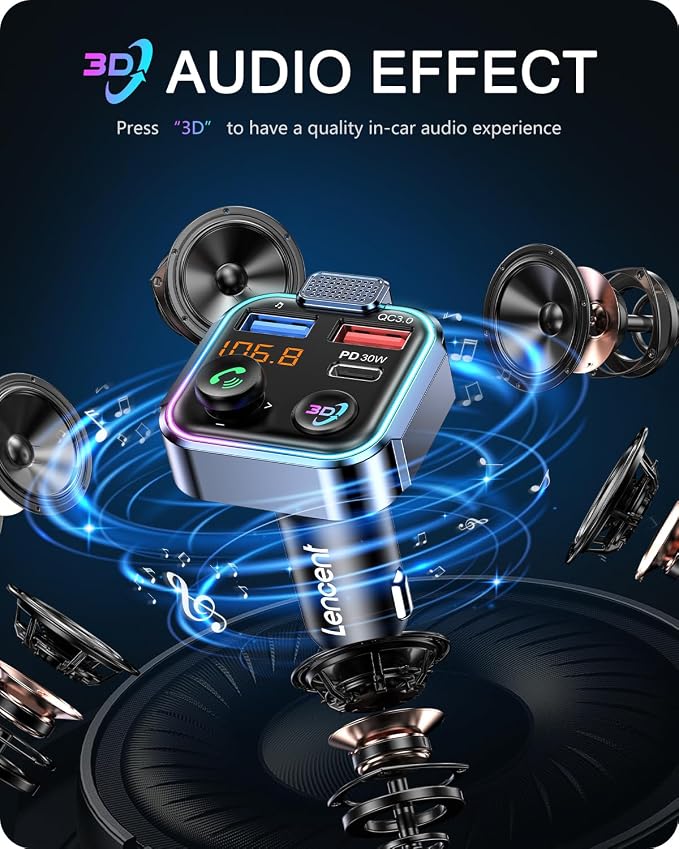 LENCENT Bluetooth 5.3 FM Transmitter, Wireless Radio Adapter Car Kit | Type-C PD 30W+ QC3.0 Fast USB Charger, Hands-Free Calling, Audio Stereo Mp3 Player Receiver, Supports U Disk, Color Light