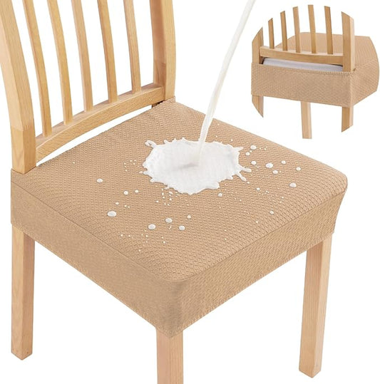 Smiry Waterproof Seat Covers for Dining Room Chairs Set of 6, Stretch Jacquard Removable Washable Chair Seat Slipcovers Protector, No Rear Covers, Camel