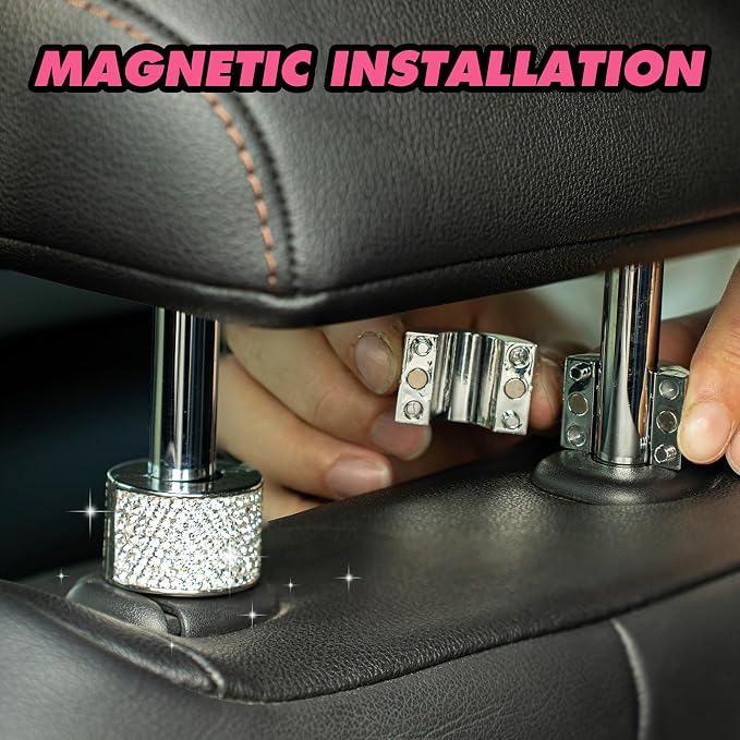 Rislobx 2PCS Magnetic Car Headrest Collars, Rhinestone Car Head Rest Collars Rings Decor, Bling Car Accessories for Women, Interior Decor Car SUV Truck (White)