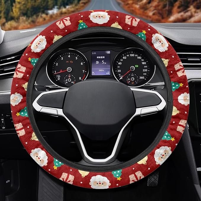 AFPANQZ Auto Steering Wheel Covers Anti-Slip Safety Stretch-on 14-15 inch | Santa Claus Red Print, Sweat Absorbing Non-slip, Steering Wheel Protection Case, Machine Washable Elastic Flexible
