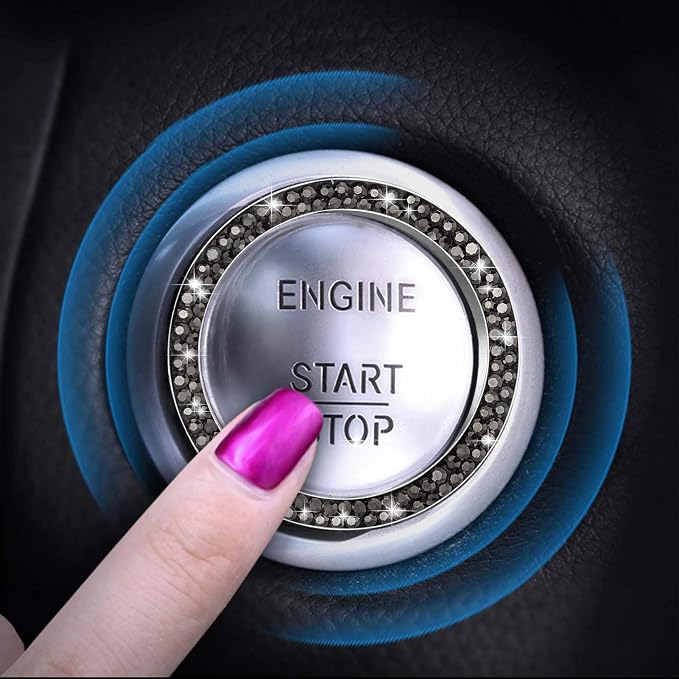 WINKA 2pcs Bling Car Engine Start Button Cover Diamond Crystal Push Start Stop Button Ring Sparkly Bling Ignition Button Cover Rhinestone Keyless Ignition Ring Universal Car Accessories (Silver)