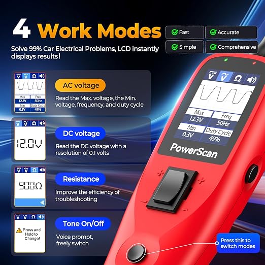 Autel PowerScan PS100 Automotive Circuit Tester 2.0, 12-24V Power Circuit Probe Tool, Electrical Short Open Circuit Finder, AC/DC/Resistance/Component/Signal/Test Light Automotive, 20ft Extension Cord