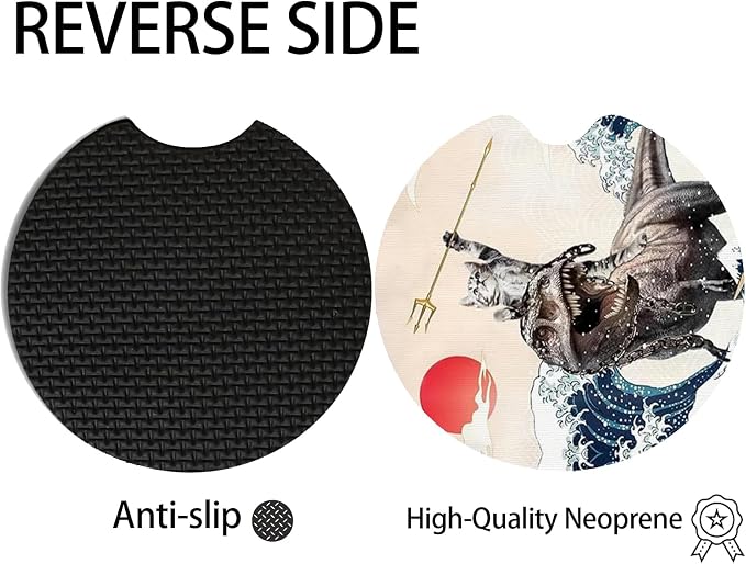 2pcs Cute Dinosaur and Cat Car Coasters,Absorbent Universal neoprener Cup Holder Coasters with a Finger Notch,Car Accessories for Women&Man Interior，2.75" 10