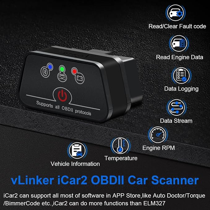 iCar2 OBD2 Bluetooth Adapter Diagnostic Scanner for iOS & Android : Auto-Connect Clear Error Code Live Data Reset Diagnostic Tool (Black)
