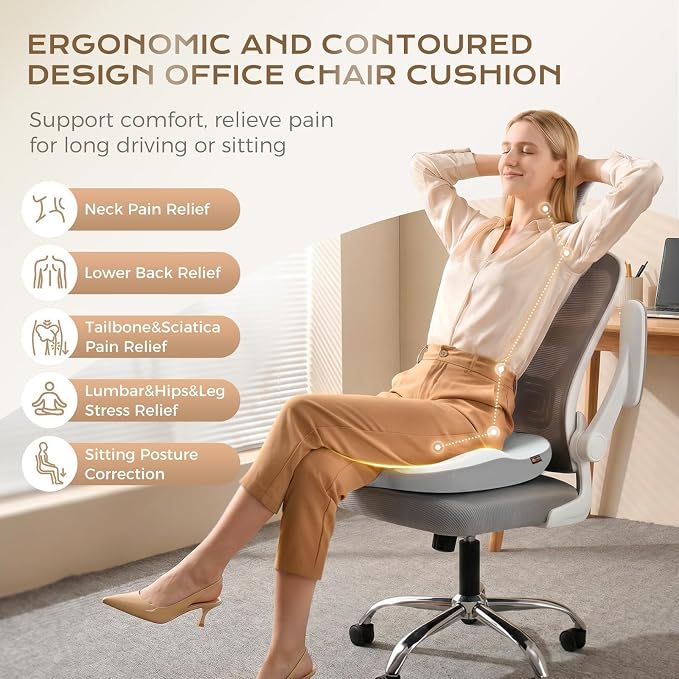 Coverado Seat Cushion for Car Truck Driver, Ergonomic Memory Foam Chair Cushions for Sciatica & Tailbone Pain Relief Cushion Butt Cushion for Long Sitting, Driver Office Seat Cushion Gray&Light Gray