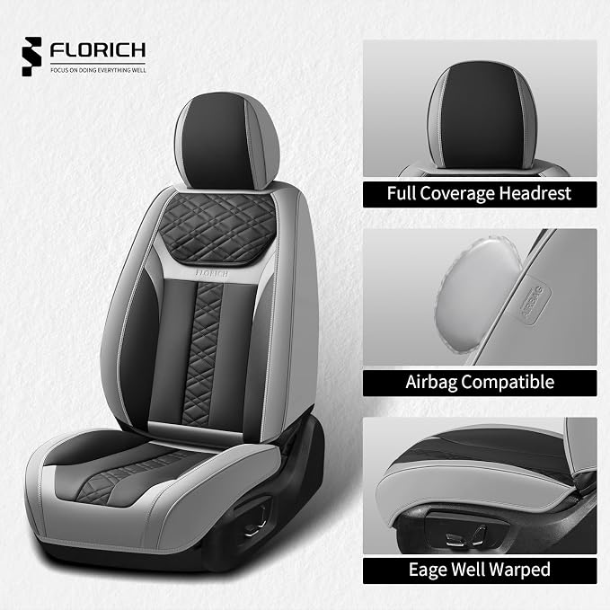 FLORICH Seat Covers, Atomutive Car Seat Covers Full Sets, Waterproof Seat Cover for Cars, Luxury Leather Universal Seat Cover Accessories Fit for Most Cars SUV Truck Sedans(Grey)