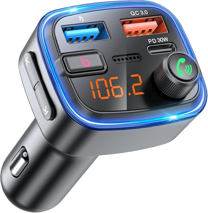 Bluetooth 5.4 Car Adapter, 48W Fast Charging Bluetooth Adapter for Car, Wireless FM Transmitter with Deep Bass Player, Hands-Free Calling & Audio Receiver, Support USB Drive