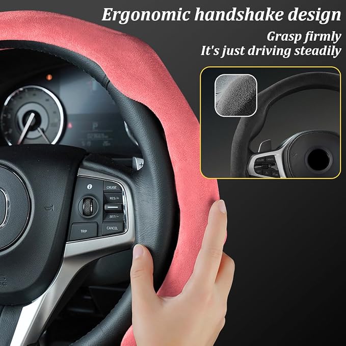 Car Steering Wheel Cover, Soft Brethable Suede Non-Slip Vehicle Steering Wheel Protector, Comfortable Sporty Auto Interior Protection Accessories, Universal for Truck SUV Van (Light Pink)