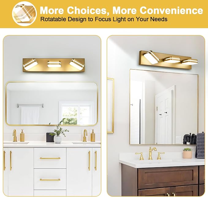 Torondo 360° Rotate LED Bathroom Vanity Light Fixtures, Acrylic Vanity Lights for Bathroom, Modern Wall Lighting Fixtures Over Mirror Living, Gold, Natural White, 3-Light, 17-Inch
