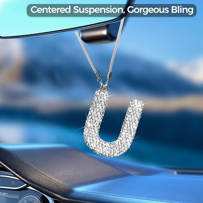 Bling Car Accessories for Women Letter Charm, Rear View Mirror Ornament Cute Hanging Crystal Pendant Girl Car Decorations, Lucky Diamond Rhinestone Girly Charm Interior (White U)