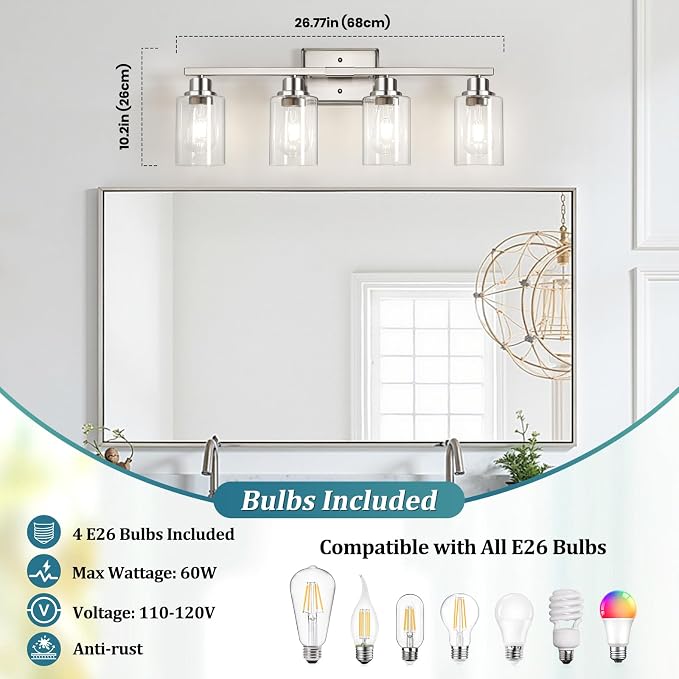 Unicozin Modern Brushed Nickel Bathroom Light Fixtures, 4-Light Vanity Lights Over Mirror with E26 LED Bulbs Included, Wall Sconce with Clear Glass Shades for Living Room Bedroom Hallway Kitchen