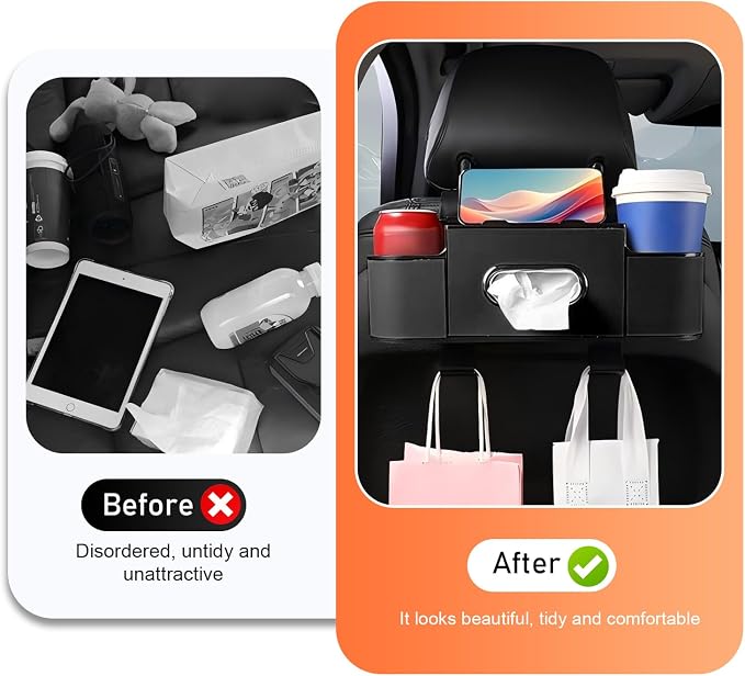 4-in-1 Back Seat Car Organizer, Leather Multifunctional Seat Back Storage with Phone Holder Tissue Box Cup Holders Hooks, Waterproof Hanging Organizer, Universal for Most Cars (Black)