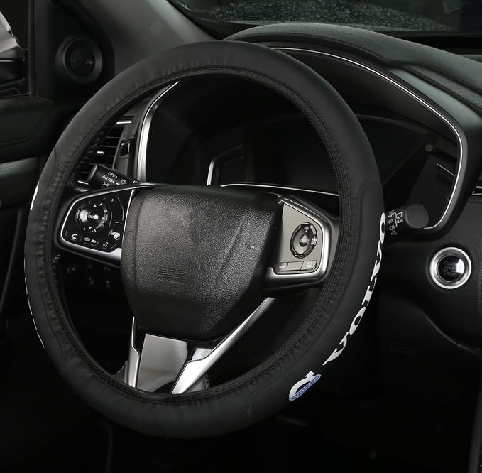 Car Steering Wheel Cover, Leather, Anti-Slip Lining, Universal for Volvo, 14.5-15 Inch, Black