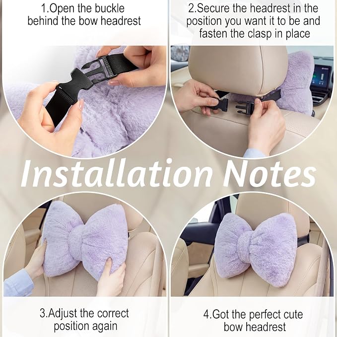 Macarrie 2 Pcs Purple Car Neck Pillow Imitation Rabbit Fur Bow Pillow | Soft Comfortable Seat Headrest Support, Cute Bow Car Accessories, Driving Travel Driver Chair Girl Interior Decor, Solid