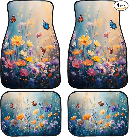 Spring Floral Car Floor Mats Wildflower Flower Blossom Butterfly Carpet Front Rear Carpets Mat Decorative Car Floor Carpets Non-Slip Auto Car Accessories Universal Fit Car Accessories for Truck