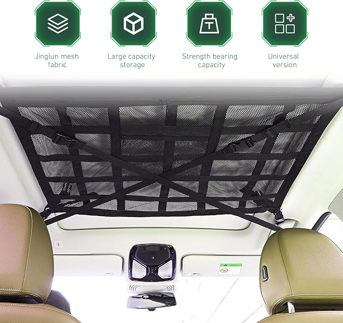 Car Ceiling Cargo Net, Double Layer Roof Storage Net with Pockets, 31.5" x 21.6" Camping Ceiling Storage Organizer, Fit for Sedans SUVs ravel Road Trips,Van Life Essentials (Black)
