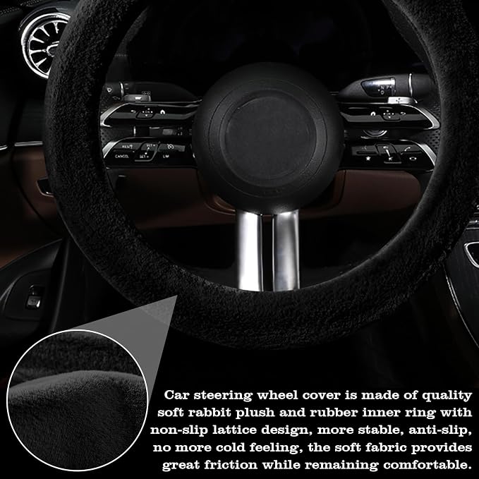 Furry Warm Steering Wheel Cover, Universal 14.5-15 Inch Winter Plush Warm Steering Wheel Cover, Soft Fluffy, Anti-Slip Design, Soft Texture (Black)