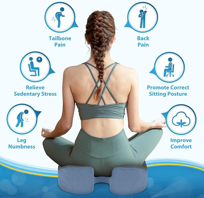 BlissTrends Seat Cushion,5.2in Thick Memory Foam Cushions for Office Chair, Car Seat, Airplane, Relieving Pressure Tailbone Sciatica Back Pain for Long Sitting Office Workers, Car Drivers Gery&Blue