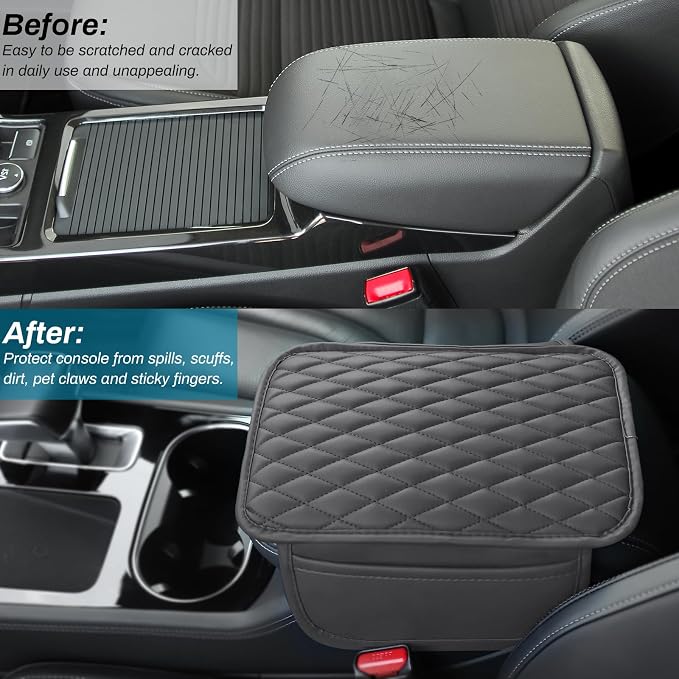 Ouzorp Car Center Console Cover Upgraded Microfiber Leather Car Arm Rest Cover with 2 Storage Bags Universal Armrest Cover for Car Storage Box Car Interior Accessories Protector for Most Vehicle-Gray