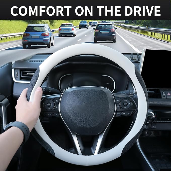 Uxcer Nappa Leather Steering Wheel Cover, Universal 14.5–15 Inch Non-Slip Breathable Steering Wheel Cover for Cars, White