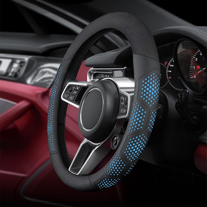 Yangday Leather Steering Wheel Cover for Chevy Silverado 1500 2500 3500, 14.5-15 inches Car Steering Wheel Cover with Non-Slip Breathable (Blue)