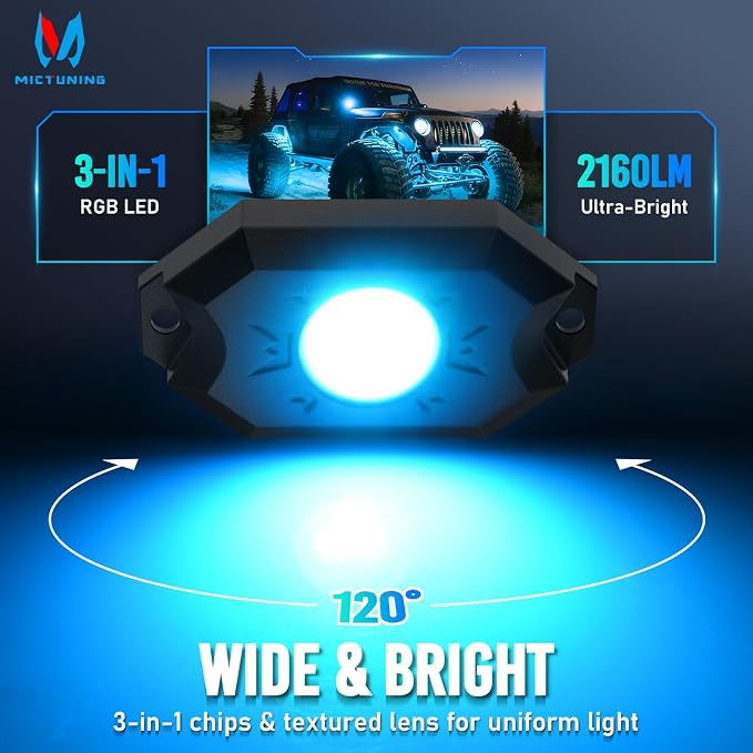 MICTUNING 2nd-Gen CM RGB Rock Lights - 12 Pods Waterproof Multicolor Neon Underglow Kit with Bluetooth App Control & Music Mode for Trucks Pickup UTV SUV ATV （2 Year Warranty）